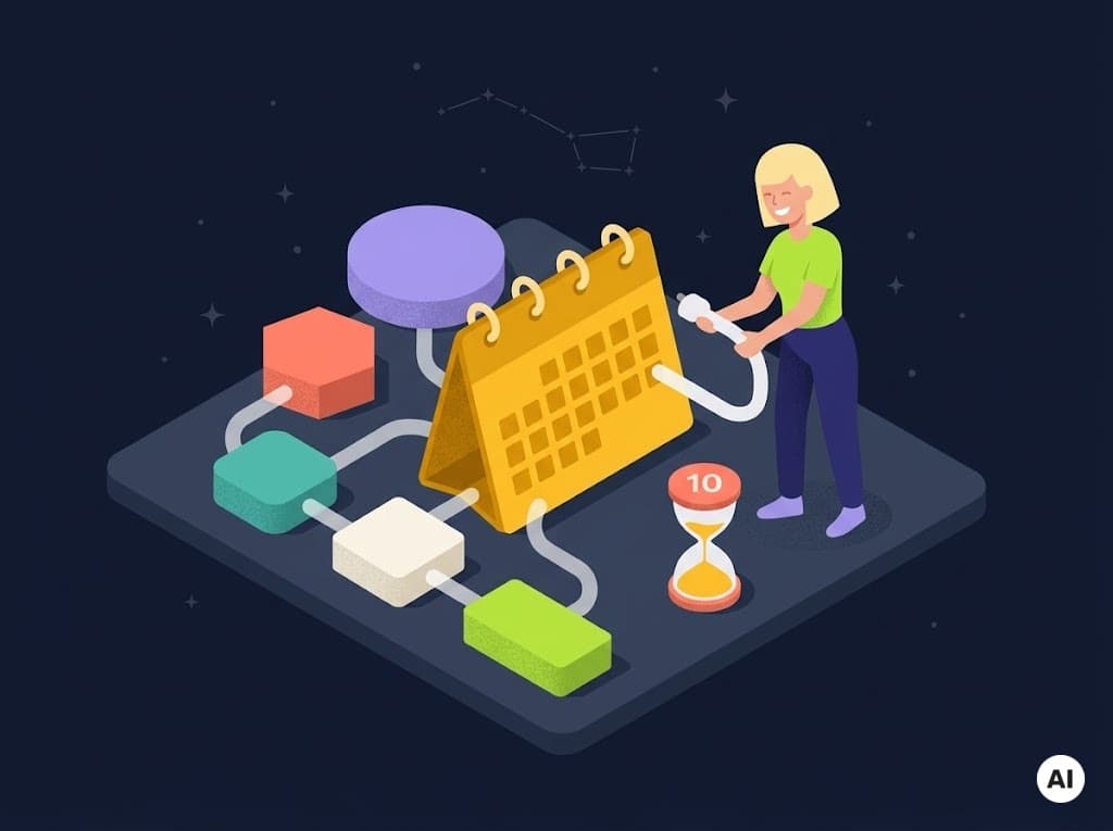 Titelbild zu „Terminbuchung in jeden Voice Bot integrieren — in 10 Minuten“ — eine vollständig mit KI erzeugte Illustration, gekennzeichnet mit dem offiziellen EU-Kennzeichen für KI-generierte Inhalte.