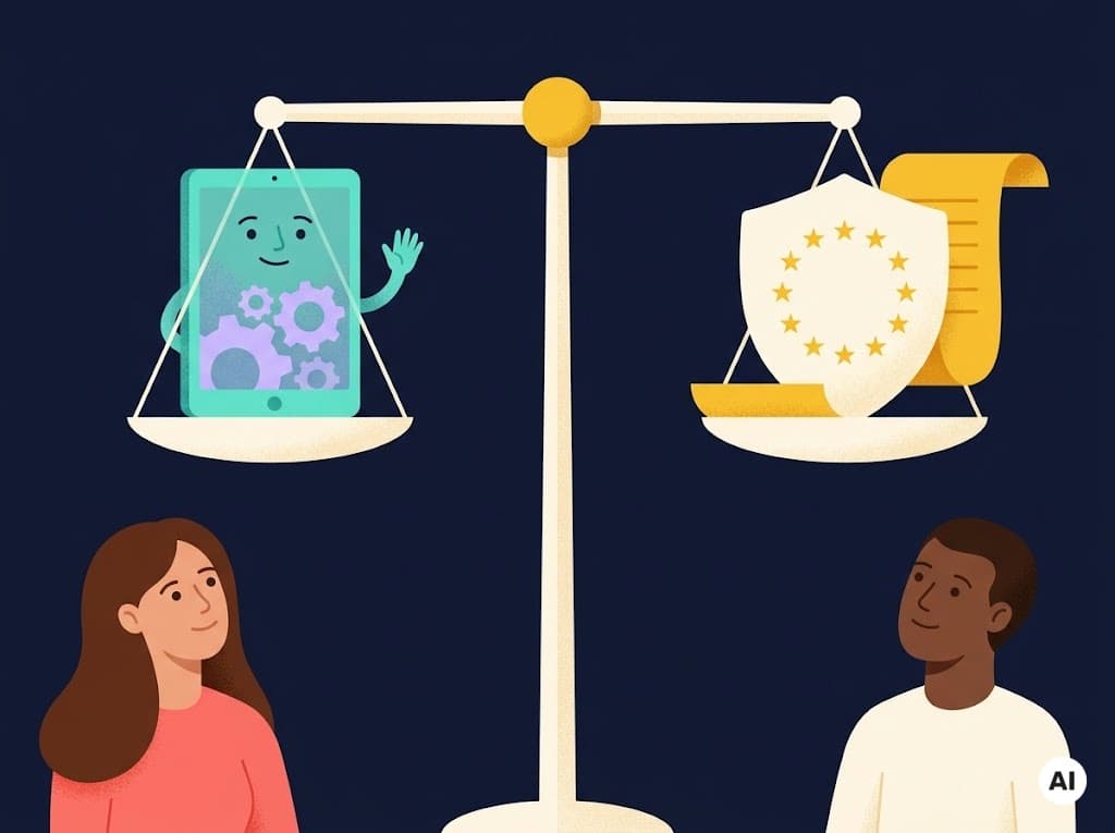 Titelbild zu „EU AI Act & Voice Agents: Was Unternehmen jetzt wissen müssen“ — eine vollständig mit KI erzeugte Illustration, gekennzeichnet mit dem offiziellen EU-Kennzeichen für KI-generierte Inhalte.